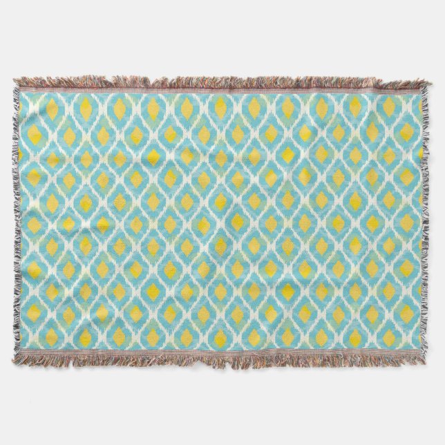 Modern tribal ikat blue yellow fashion throw blanket (Front)