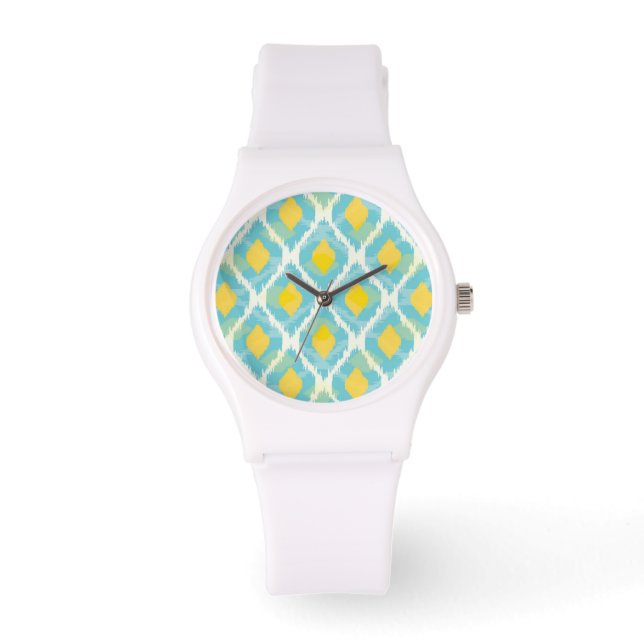 Modern tribal ikat blue yellow fashion watch (Front)