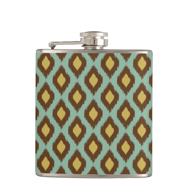 Modern tribal ikat blue yellow modern hip flask (Front)
