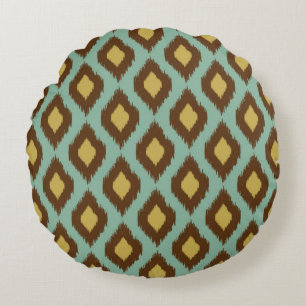 Modern tribal ikat blue yellow modern round cushion