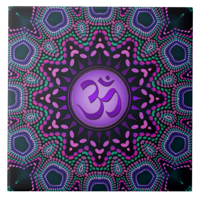 Modern Tribal Purple Om Mandala Ceramic Tile (Front)