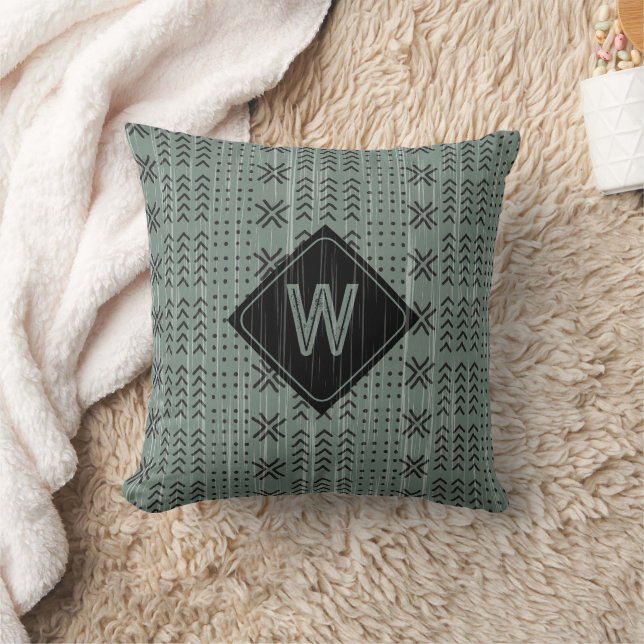Modern Tribal Sage Green Mudcloth African Monogram Cushion (Blanket)