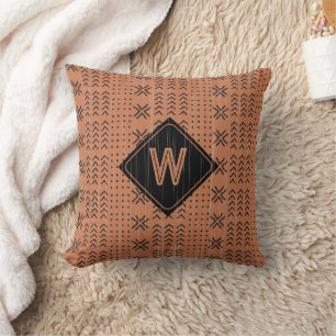 Modern Tribal Terracotta Mudcloth African Monogram Cushion