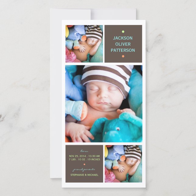 Modern Trio Photo Baby Boy Birth Announcement (Front)