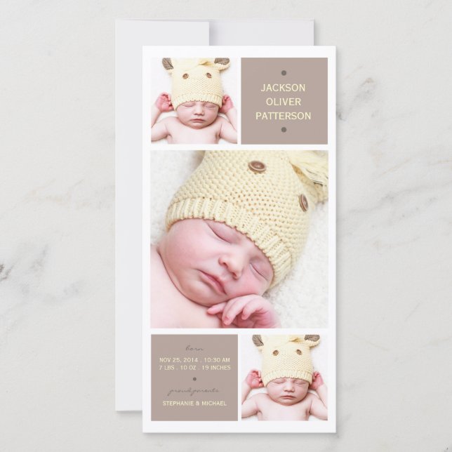 Modern Trio Photo Baby Girl Birth Announcement (Front)