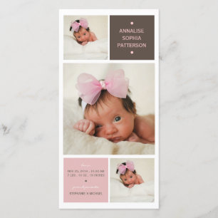 Modern Trio Photo Baby Girl Birth Announcement