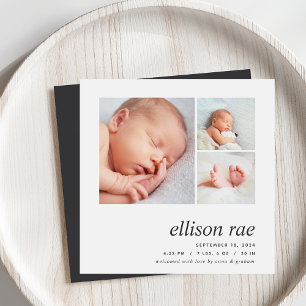 Modern Trio   Simple Minimal Photo Birth Announcement