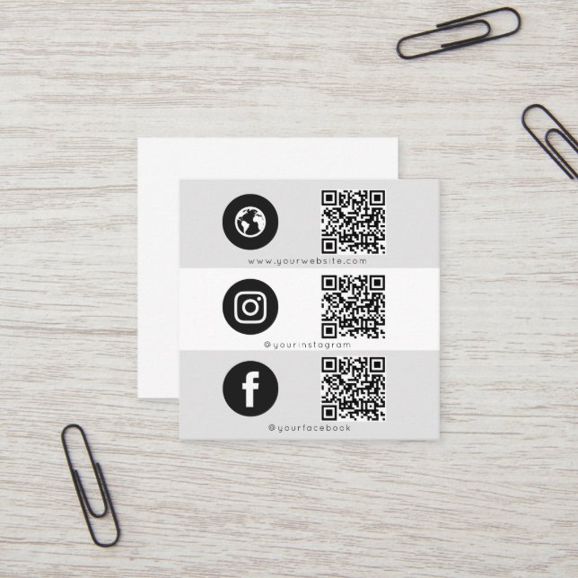 Modern Triple Icon & QR Code Social Media Logo Square Business Card (Front/Back In Situ)