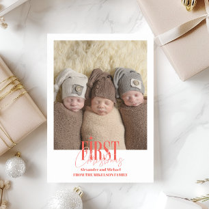 Modern Triplets First Christmas Custom Photo Holiday Card