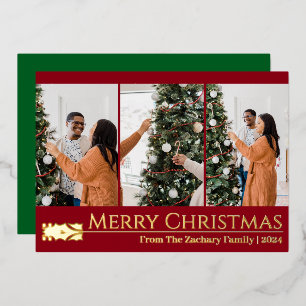 Modern Triptych 3 Photo Vertical Merry Christmas Foil Holiday Card