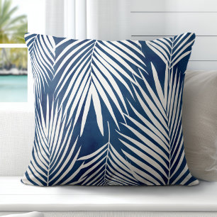 Modern Tropic Blue White Palm Leaves Cushion