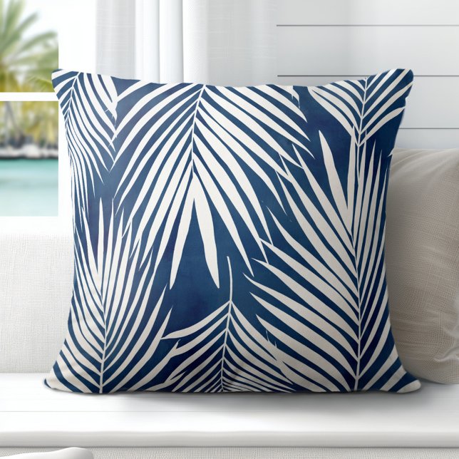 Modern Tropic Blue White Palm Leaves Cushion (Elevate Your Décor: Discover our Elegant Coastal Throw Pillows in Blue & White)