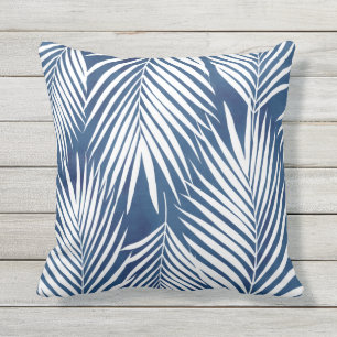 Modern Tropic Blue White Palm Leaves Outdoor Pillo Cushion
