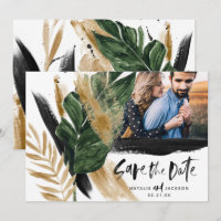 Modern tropical abstract black gold save the date