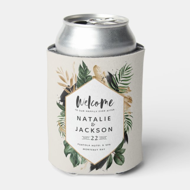 Modern tropical abstract painted wedding can cooler (Can Front)