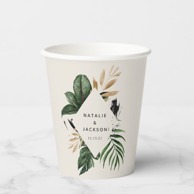 Modern tropical abstract painted wedding paper cups (Front)