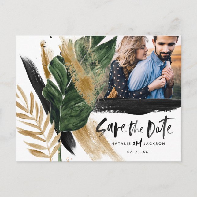 Modern tropical abstract painted wedding photo announcement postcard (Front)