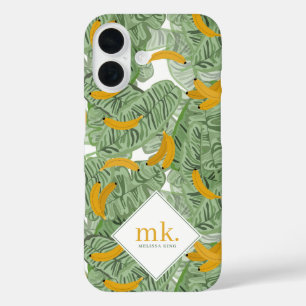 Modern Tropical Banana Greenery Pattern Monogram iPhone 16 Case