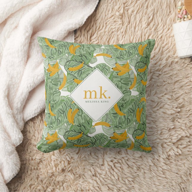 Modern Tropical Banana Greenery Pattern Monogram Cushion (Blanket)