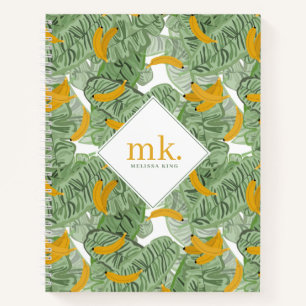 Modern Tropical Banana Greenery Pattern Monogram Notebook