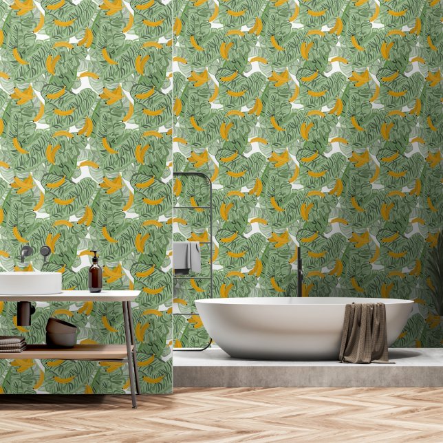 Modern Tropical Banana Greenery Pattern Wallpaper (Bathroom)