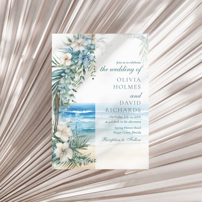 Modern Tropical Beach and Floral Arch Wedding Invitation (Modern Tropical Beach and Floral Arch Wedding Invitation on a sunny neutral dry palm leaf.)