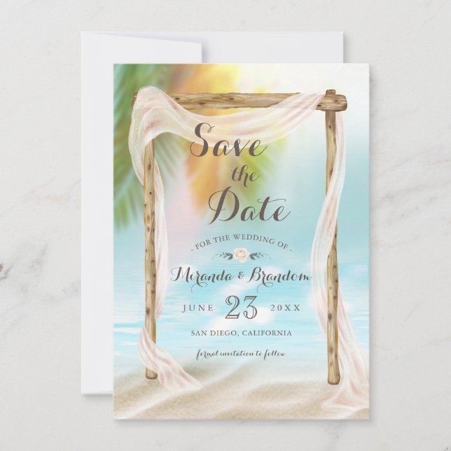 Modern Tropical Beach Arbor Boho Wedding Announcement (Front)