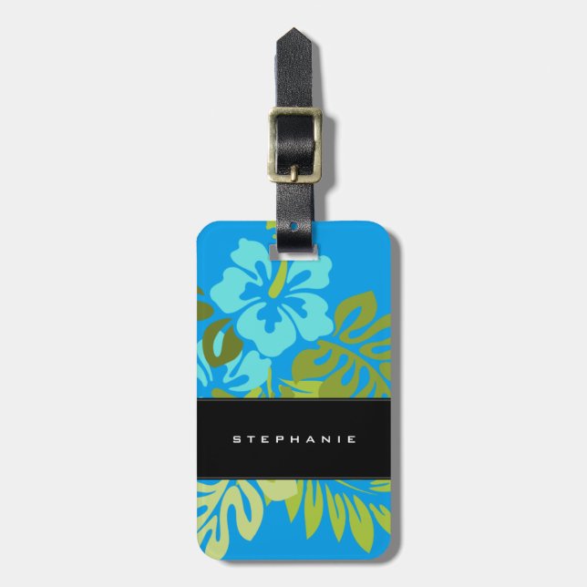 Modern tropical beach hibiscus azure blue luggage tag (Front Vertical)