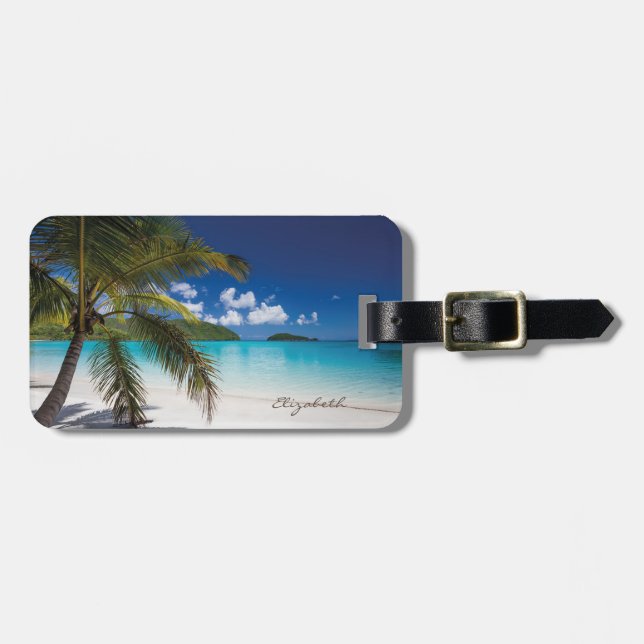 Modern Tropical Beach, Palm, Sand Luggage Tag (Front Horizontal)