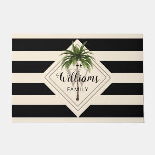 Modern Tropical Beach Palm Tree Script Monogram Doormat