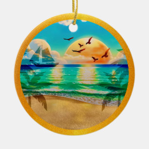 Modern Tropical Beach Palm Trees Sunset Vacation Ceramic Ornament