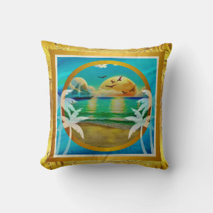 Modern Tropical Beach Palm Trees Sunset Vacation Cushion