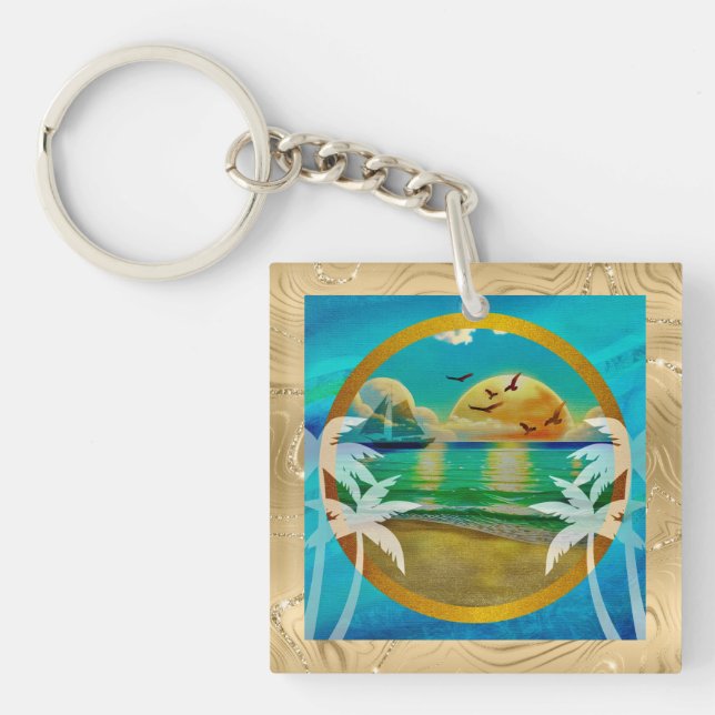 Modern Tropical Beach Palm Trees Sunset Vacation Key Ring (Front)