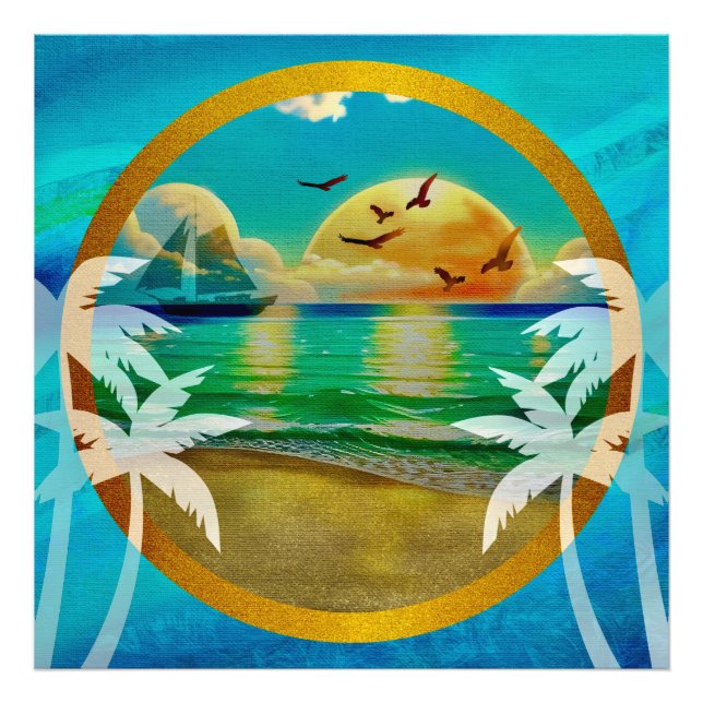 Modern Tropical Beach Palm Trees Sunset Vacation Photo Print (Front)