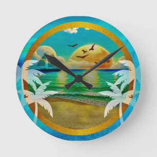 Modern Tropical Beach Palm Trees Sunset Vacation Round Clock