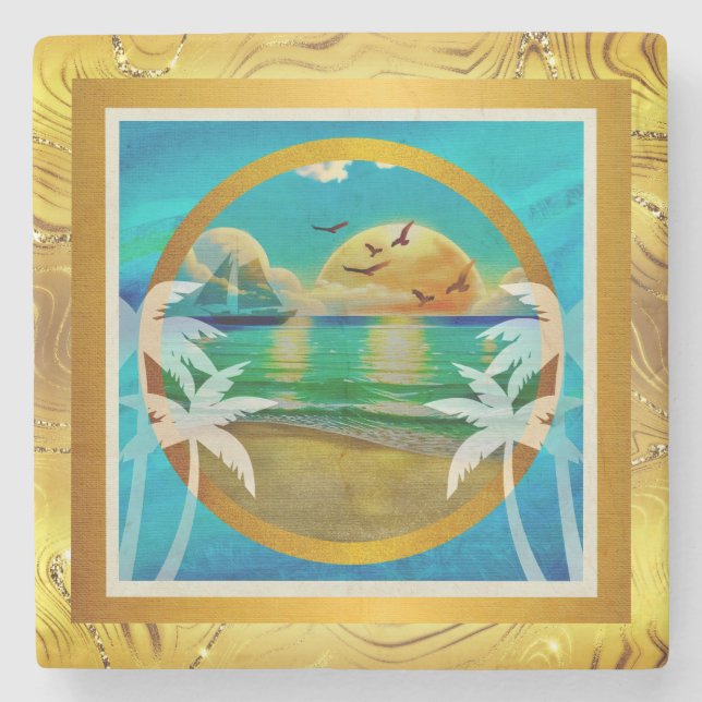 Modern Tropical Beach Palm Trees Sunset Vacation Stone Coaster (Front)
