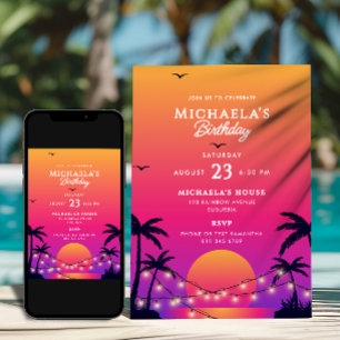 Modern Tropical Beach Sunset Birthday Party Invitation