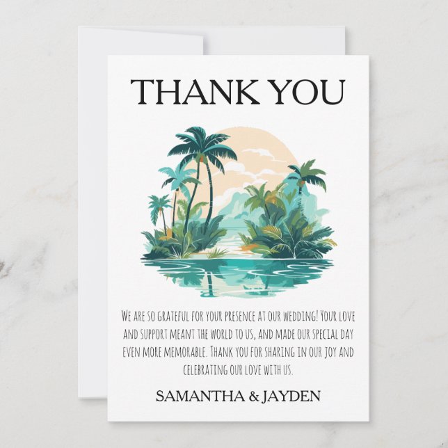 modern tropical beach wedding thank you cards (Front)