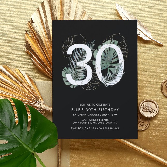 Modern Tropical Black 30th Birthday   Invitation (Creator Uploaded)