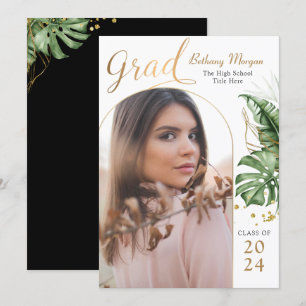 Modern Tropical Black Gold Arch Photo Graduation Announcement