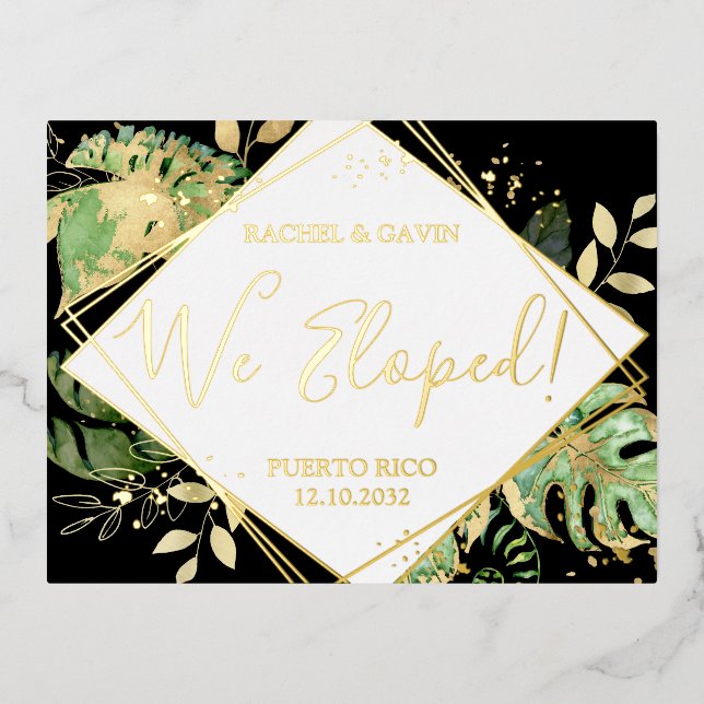Modern Tropical Black Wedding Elopement Reception Foil Invitation Postcard (Front)