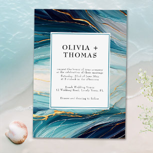 Modern Tropical Bliss Gold Ink Ocean Wave Wedding Invitation