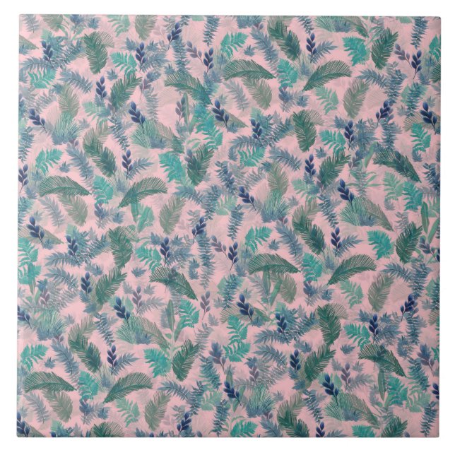 Modern Tropical Blue Foliage Pink Pattern Ceramic Tile (Front)