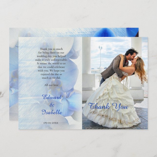 Modern Tropical Blue Orchid Floral Wedding Photo  Thank You Card (Front/Back)
