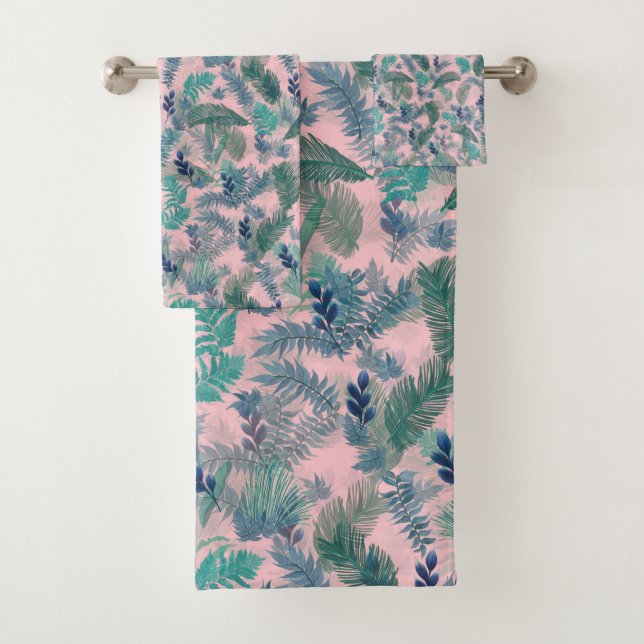 Modern Tropical Blue Pink Foliage Greenery Bath Towel Set (Insitu)