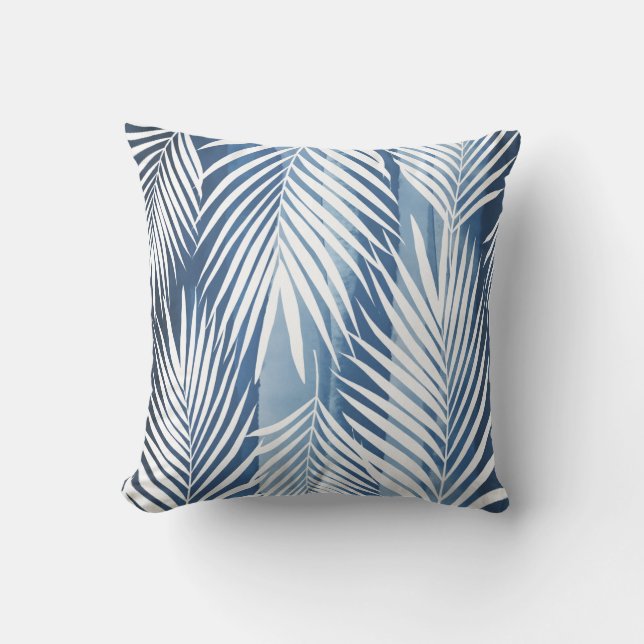Modern Tropical Blue White Palm Leaves Cushion (Front)