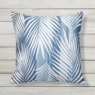 Modern Tropical Blue White Palm Leaves Cushion