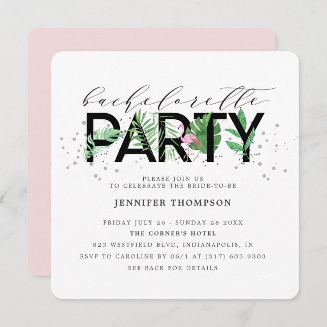 Modern Tropical Blush Flamingo Bachelorette Invitation (Front/Back)