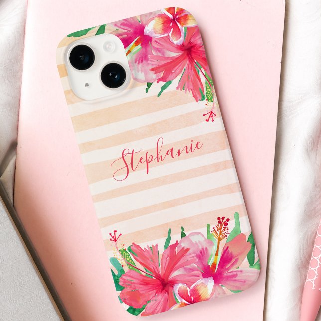 Modern Tropical Botanical Floral Stripes Monogram Case-Mate iPhone Case (Creator Uploaded)