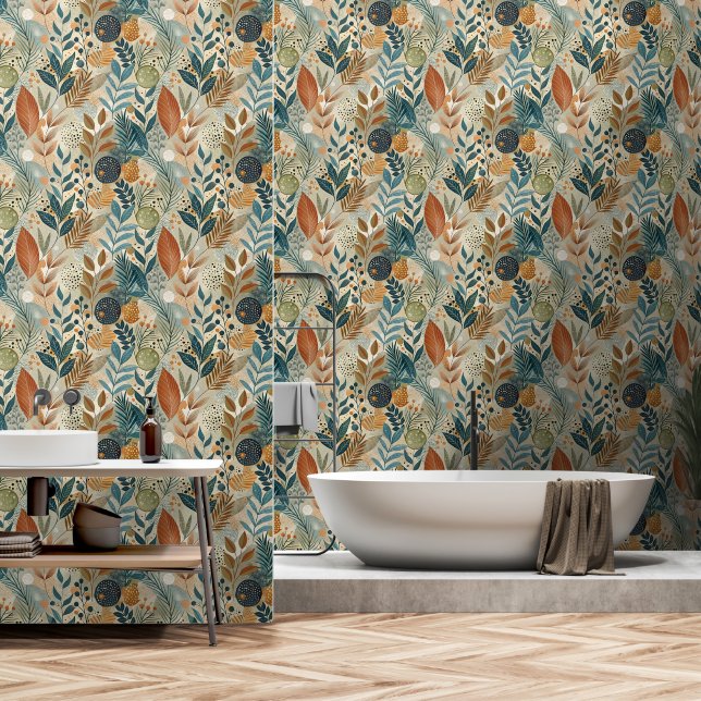 Modern Tropical Botanical Leaves Bathroom Wallpaper (Bathroom)